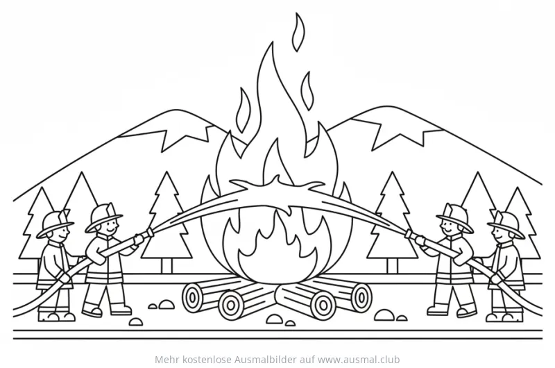 Feuerwehrleute löschen Lagerfeuer Ausmalbild mit Bergen und Bäumen