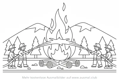 Feuerwehrleute löschen Lagerfeuer Ausmalbild mit Bergen und Bäumen