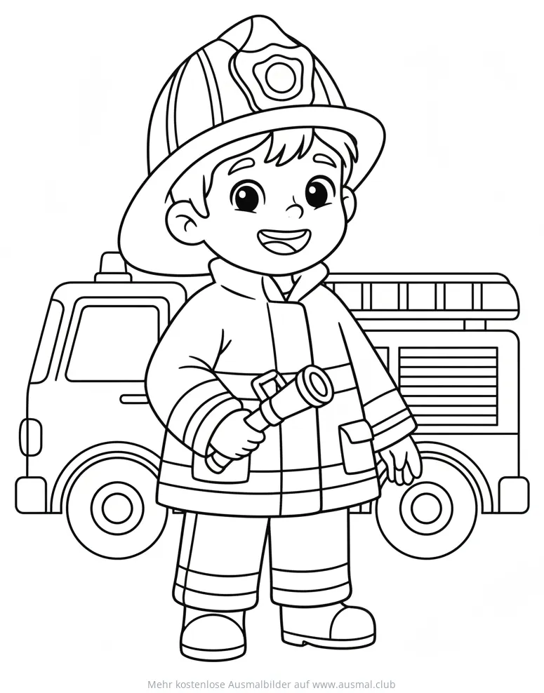 Freundlicher Feuerwehrmann mit Schlauch vor Feuerwehrauto Ausmalbild