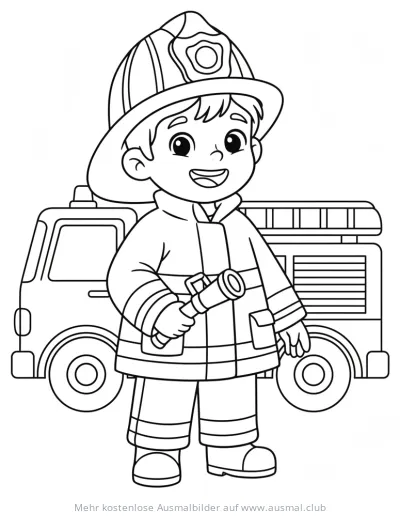 Freundlicher Feuerwehrmann mit Schlauch vor Feuerwehrauto Ausmalbild