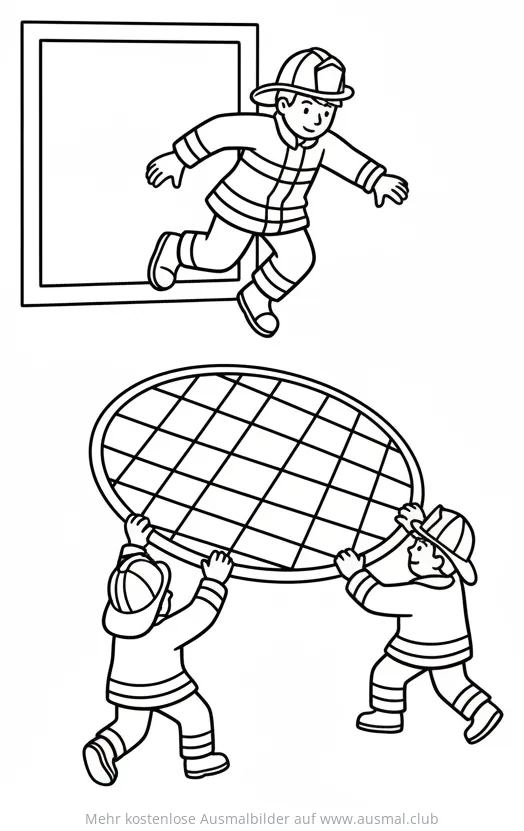 Feuerwehrmann springt in Sprungtuch Ausmalbild