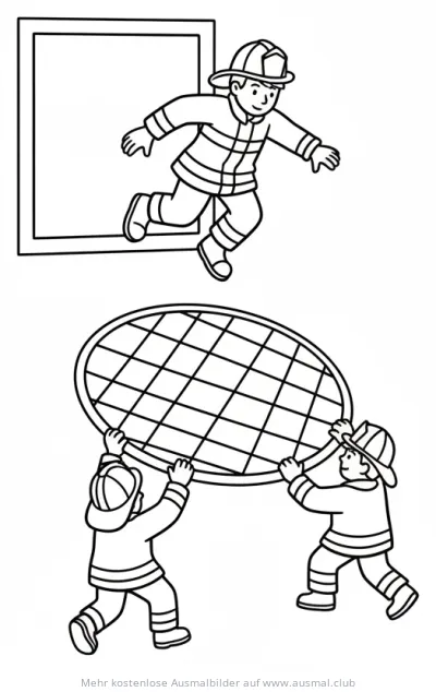 Feuerwehrmann springt in Sprungtuch Ausmalbild