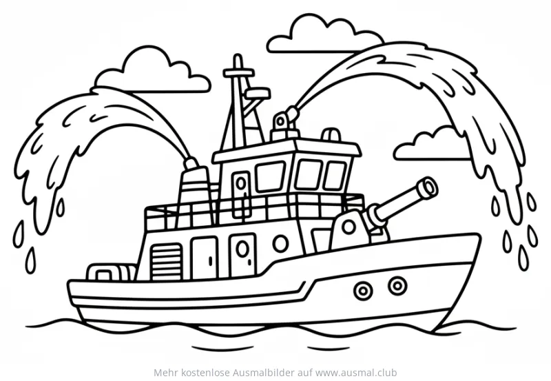 Feuerlöschboot Ausmalbild mit Wasserwerfern