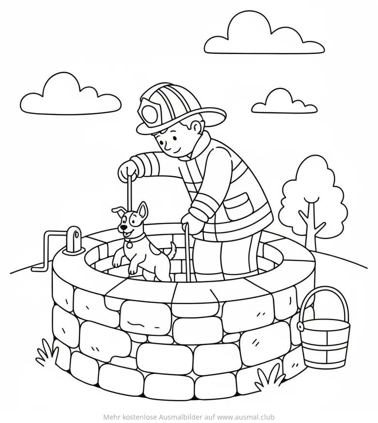 Feuerwehrmann rettet Hund aus Brunnen Ausmalbild