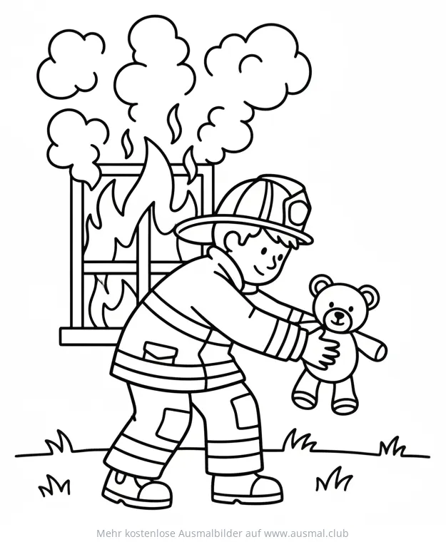 Feuerwehrmann rettet Teddybär aus brennendem Haus Ausmalbild