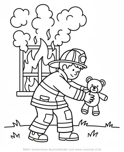 Feuerwehrmann rettet Teddybär aus brennendem Haus Ausmalbild