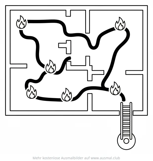 Feuerwehr Fluchtplan Ausmalbild mit Flammen und Leiter