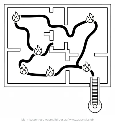 Feuerwehr Fluchtplan Ausmalbild mit Flammen und Leiter