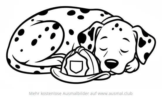 Schlafender Dalmatiner mit Feuerwehrhelm Ausmalbild
