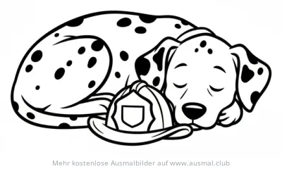 Schlafender Dalmatiner mit Feuerwehrhelm Ausmalbild