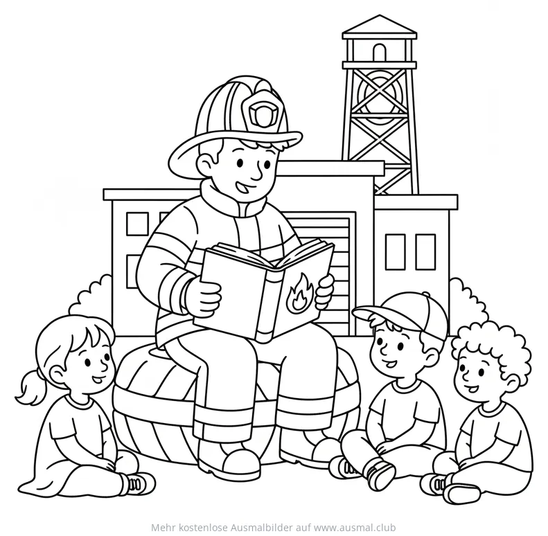 Feuerwehrmann liest Kindern vor Feuerwache Ausmalbild