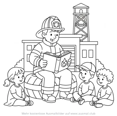 Feuerwehrmann liest Kindern vor Feuerwache Ausmalbild