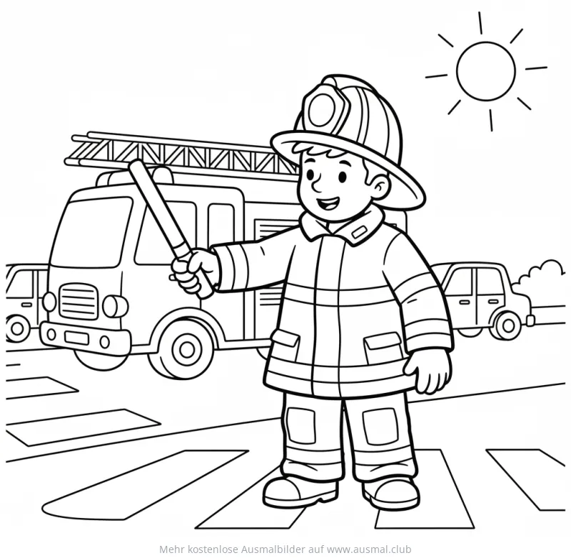 Feuerwehrmann mit Stab regelt Verkehr Ausmalbild