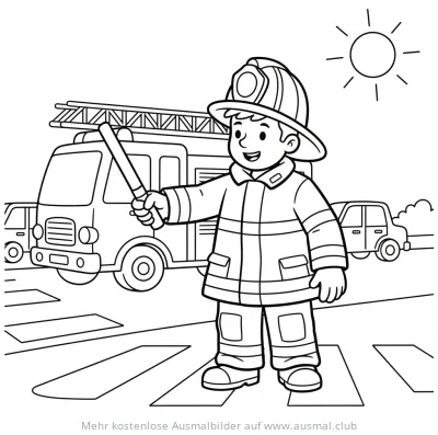 Feuerwehrmann mit Stab regelt Verkehr Ausmalbild