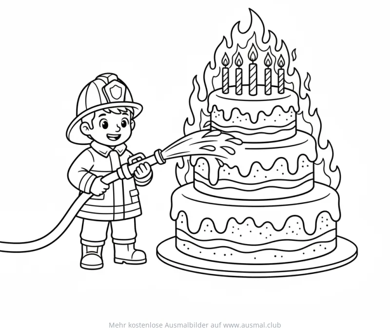 Feuerwehrmann löscht brennende Geburtstagstorte Ausmalbild