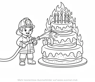 Feuerwehrmann löscht brennende Geburtstagstorte Ausmalbild