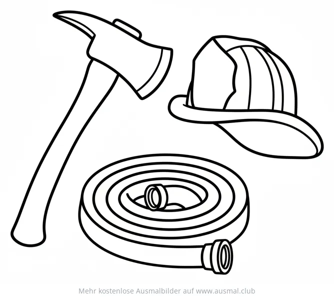 Feuerwehr Axt, Helm und Schlauch Ausmalbild