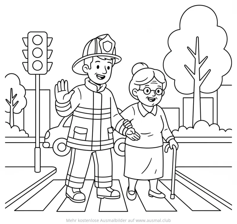 Feuerwehrmann hilft älterer Dame beim Überqueren eines Zebrastreifens Ausmalbild