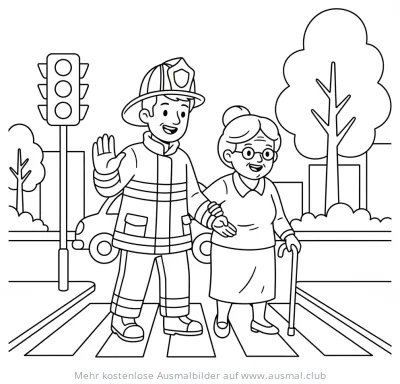 Feuerwehrmann hilft älterer Dame beim Überqueren eines Zebrastreifens Ausmalbild