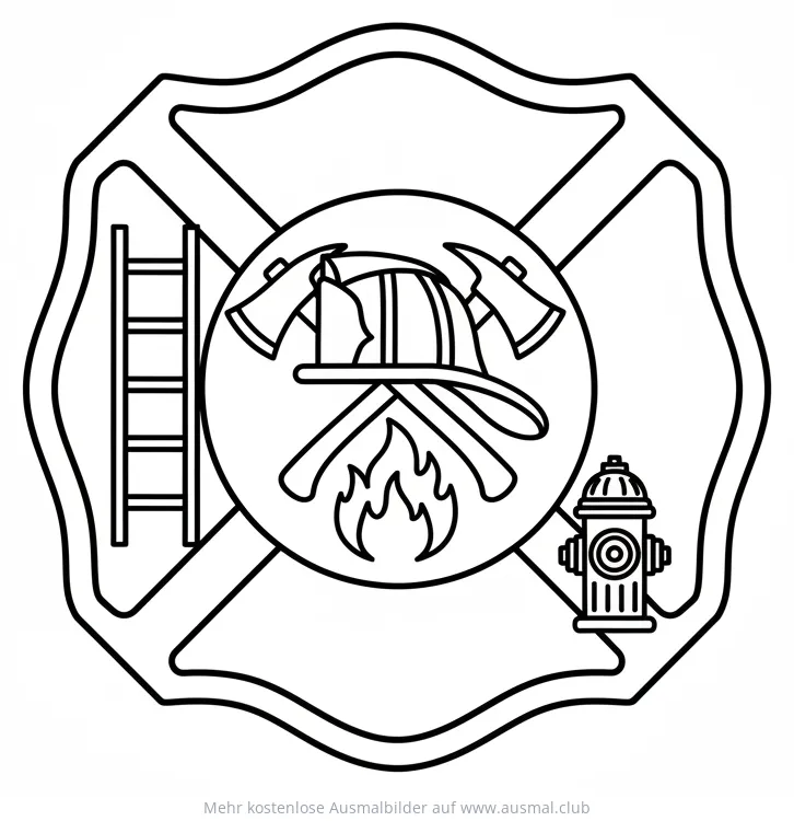 Feuerwehr Abzeichen mit Helm, Äxten, Leiter und Hydrant Ausmalbild