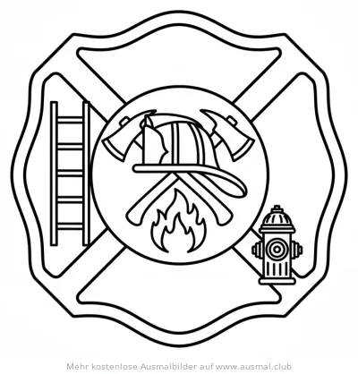 Feuerwehr Abzeichen mit Helm, Äxten, Leiter und Hydrant Ausmalbild