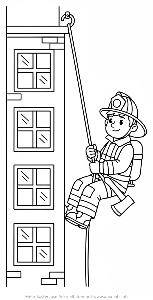 Feuerwehrmann seilt sich von Gebäude ab Ausmalbild