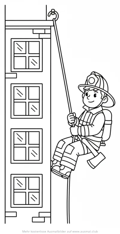 Feuerwehrmann seilt sich von Gebäude ab Ausmalbild