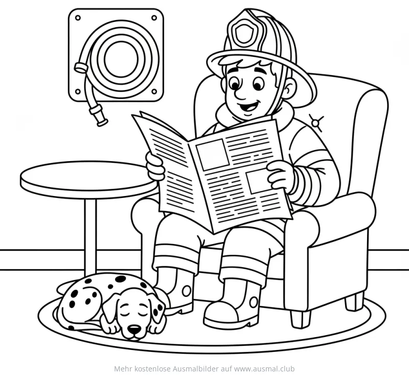 Feuerwehrmann sitzt im Sessel und liest Zeitung, Dalmatiner schläft daneben Ausmalbild