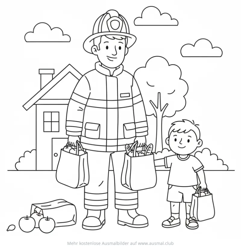 Feuerwehrmann und Junge mit Einkaufstüten Ausmalbild