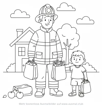 Feuerwehrmann und Junge mit Einkaufstüten Ausmalbild