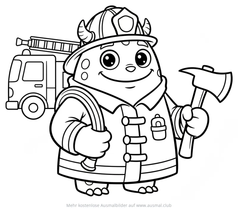 Feuerwehr Monster mit Schlauch und Axt Ausmalbild