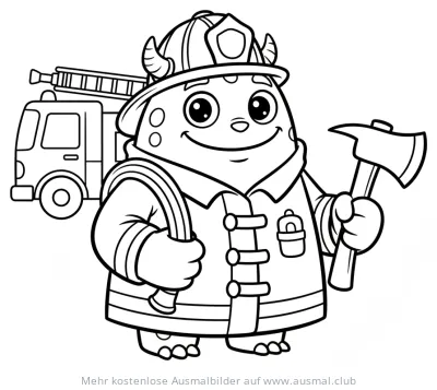 Feuerwehr Monster mit Schlauch und Axt Ausmalbild