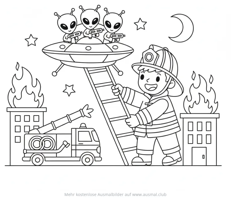 Feuerwehrmann mit Leiter und Ufo mit Aliens Ausmalbild