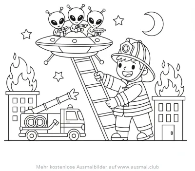 Feuerwehrmann mit Leiter und Ufo mit Aliens Ausmalbild