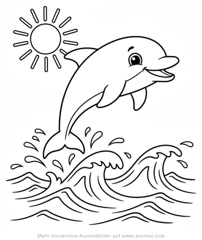 Delfin springt aus dem Meer Ausmalbild mit Sonne und Wellen