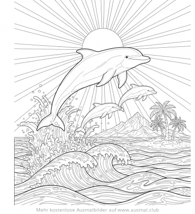 Delfin Ausmalbild mit springenden Delfinen, Insel und Palmen