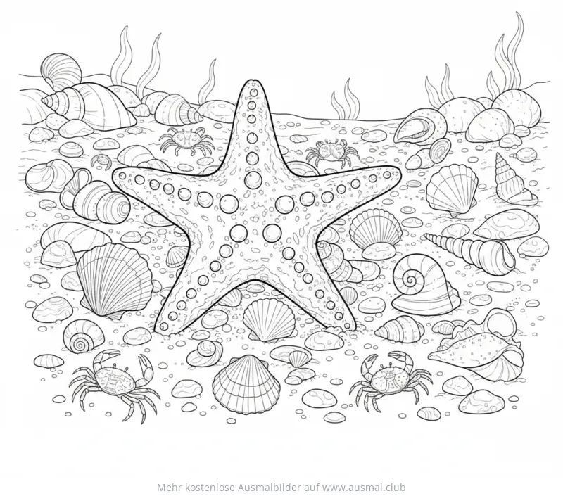 Seestern Ausmalbild mit Muscheln und Krebsen