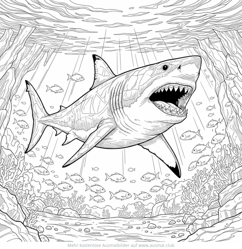 Hai Ausmalbild im Ozean mit Fischen und Korallenriff