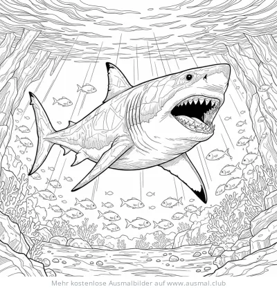Hai Ausmalbild im Ozean mit Fischen und Korallenriff