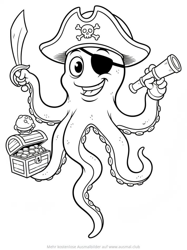 Oktopus als Pirat mit Schatzkiste Ausmalbild