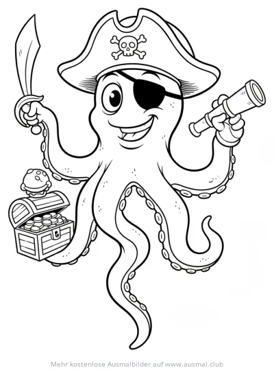 Oktopus als Pirat mit Schatzkiste Ausmalbild