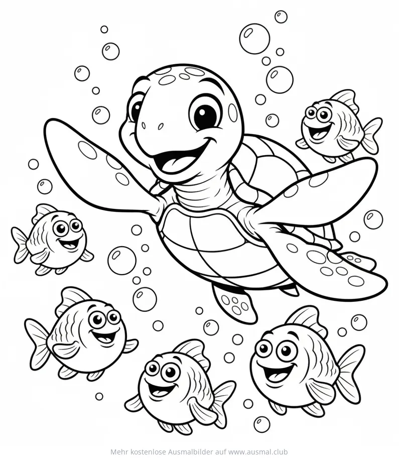 Freundliche Schildkröte mit Fischen im Wasser Ausmalbild