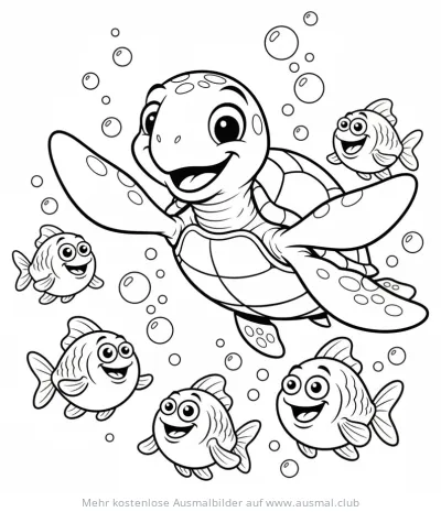 Freundliche Schildkröte mit Fischen im Wasser Ausmalbild