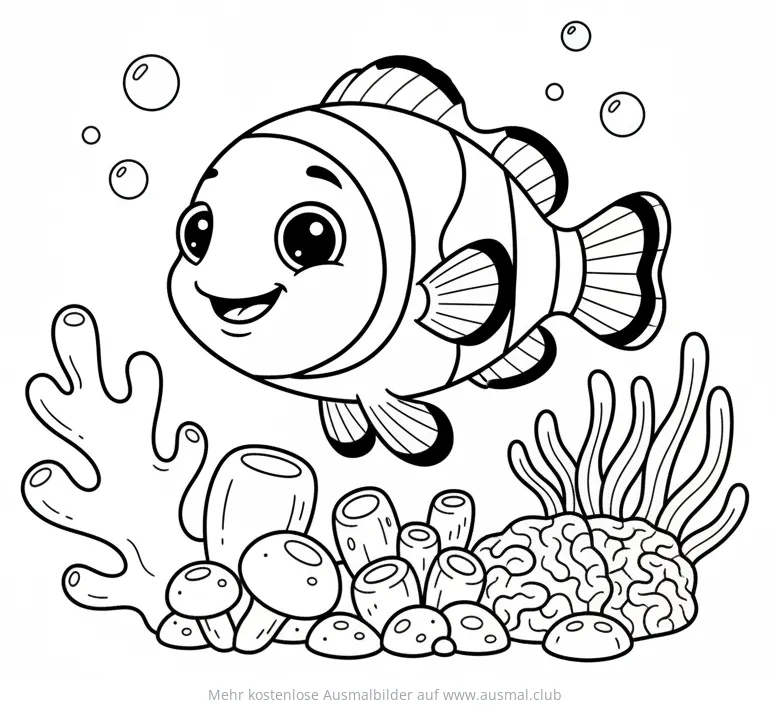 Freundlicher Clownfisch schwimmt vor Korallenriff Ausmalbild