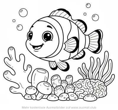 Freundlicher Clownfisch schwimmt vor Korallenriff Ausmalbild
