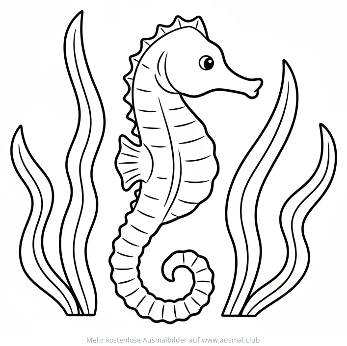 Seepferdchen Ausmalbild mit Wasserpflanzen