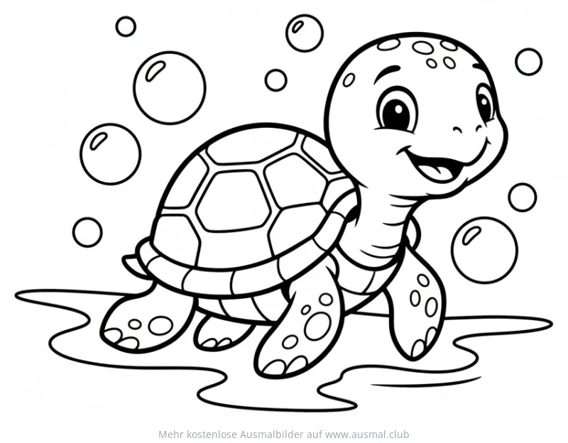 Freundliche Schildkröte schwimmt im Wasser, Ausmalbild