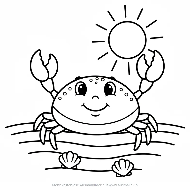 Freundliche Krabbe am Strand mit Sonne und Muscheln Ausmalbild