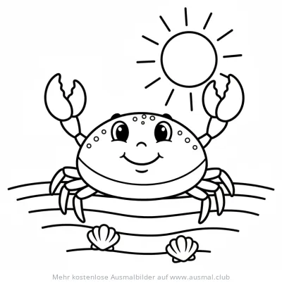 Freundliche Krabbe am Strand mit Sonne und Muscheln Ausmalbild