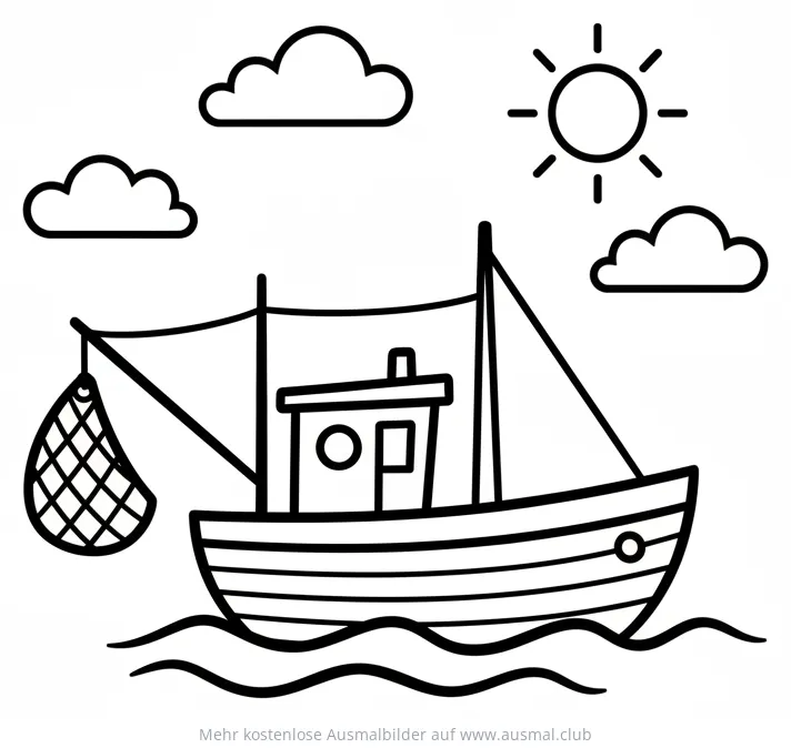 Fischboot Ausmalbild mit Netz, Wolken und Sonne